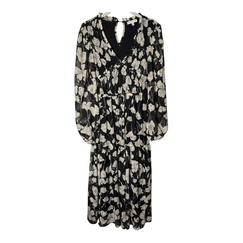 Moon River Black White Floral Print Long Sleeve Dress Gold Metallic XS